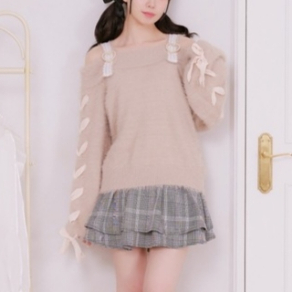PalElfy | Off Shoulder Shaggy Knit Sweater
